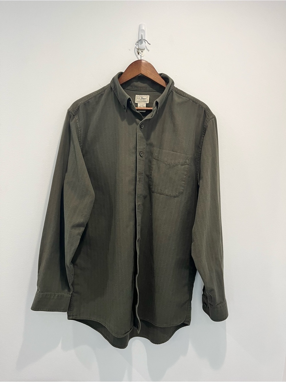 L.L. Bean Men's Olive Green Button-Down Shirt with Chest Pocket